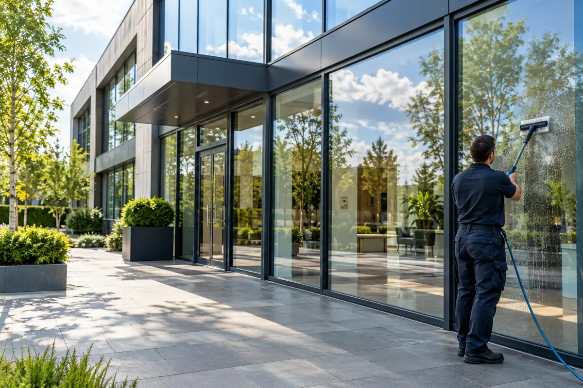 Commercial glazing being professionally cleaned