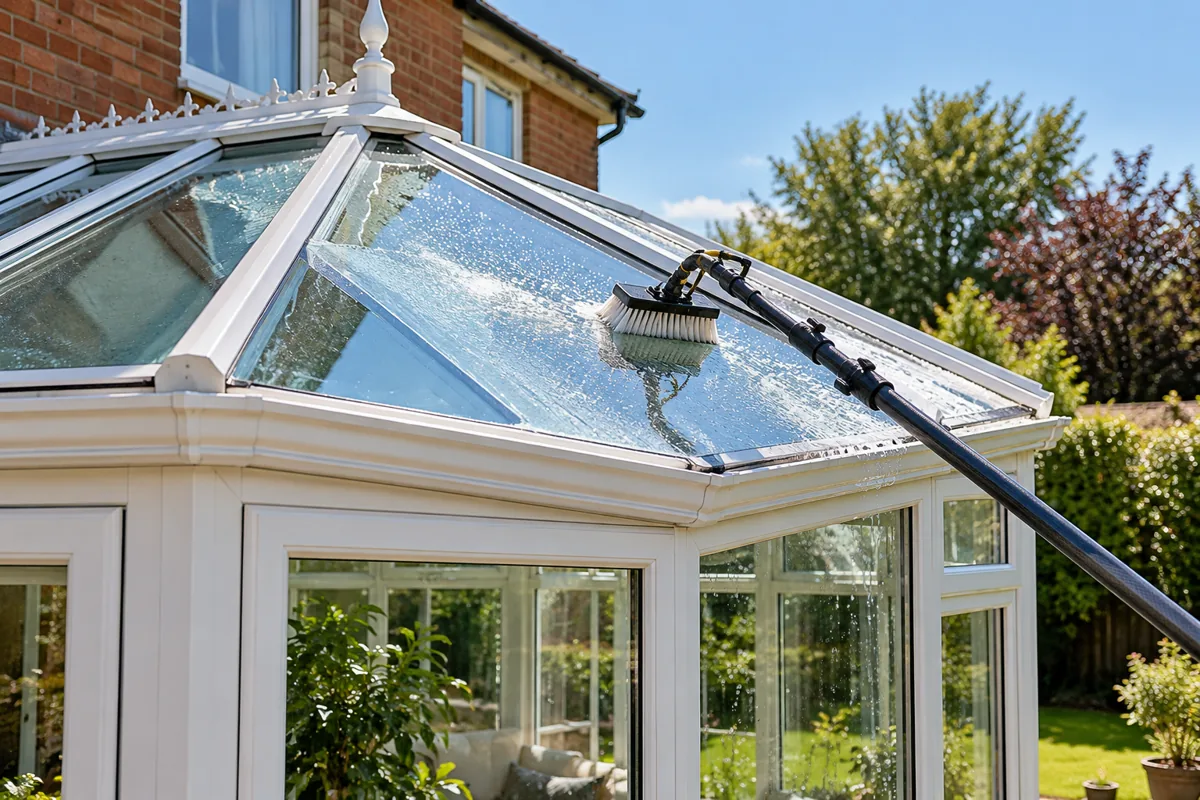 Conservatory roof panels being cleaned with a water-fed brush