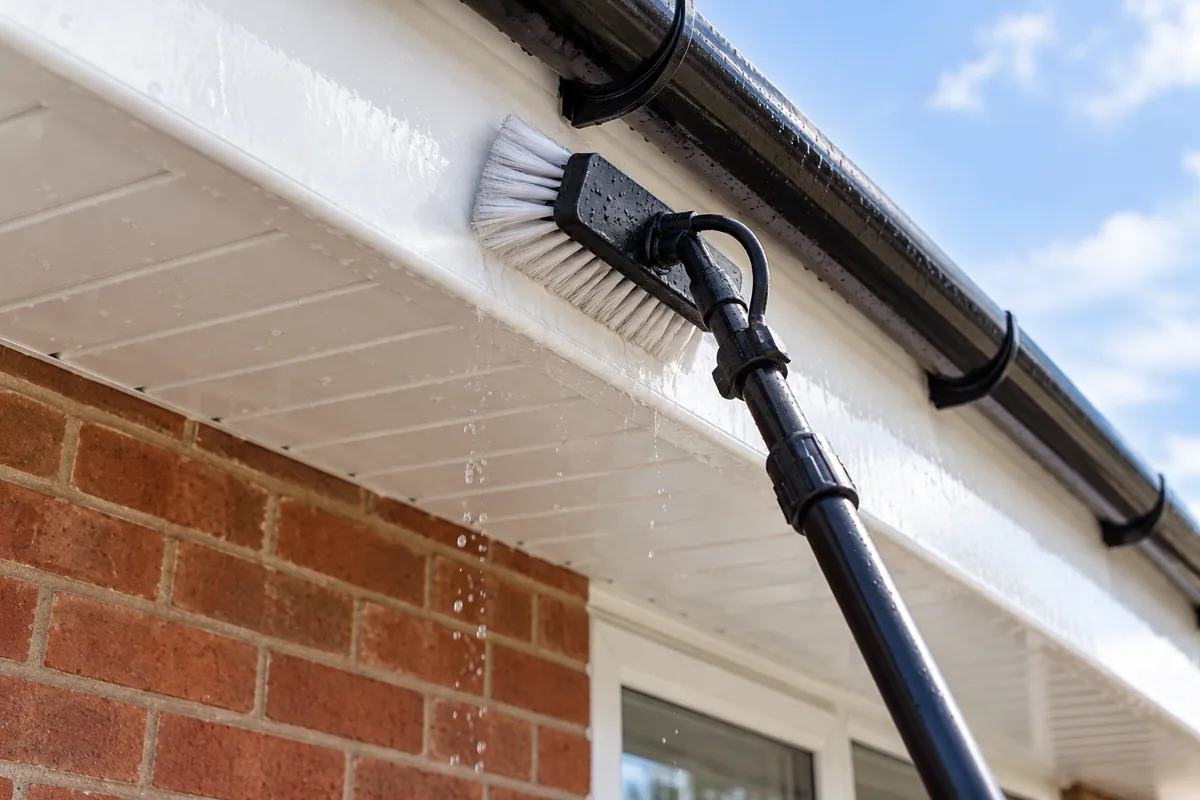 Water-fed brush washing white fascia and soffit boards