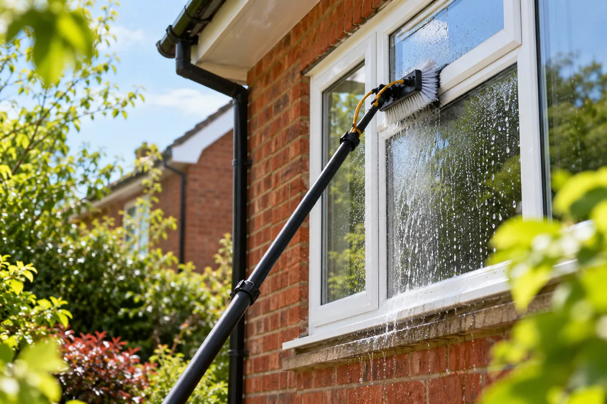 Water-fed pole cleaning exterior windows on a British home